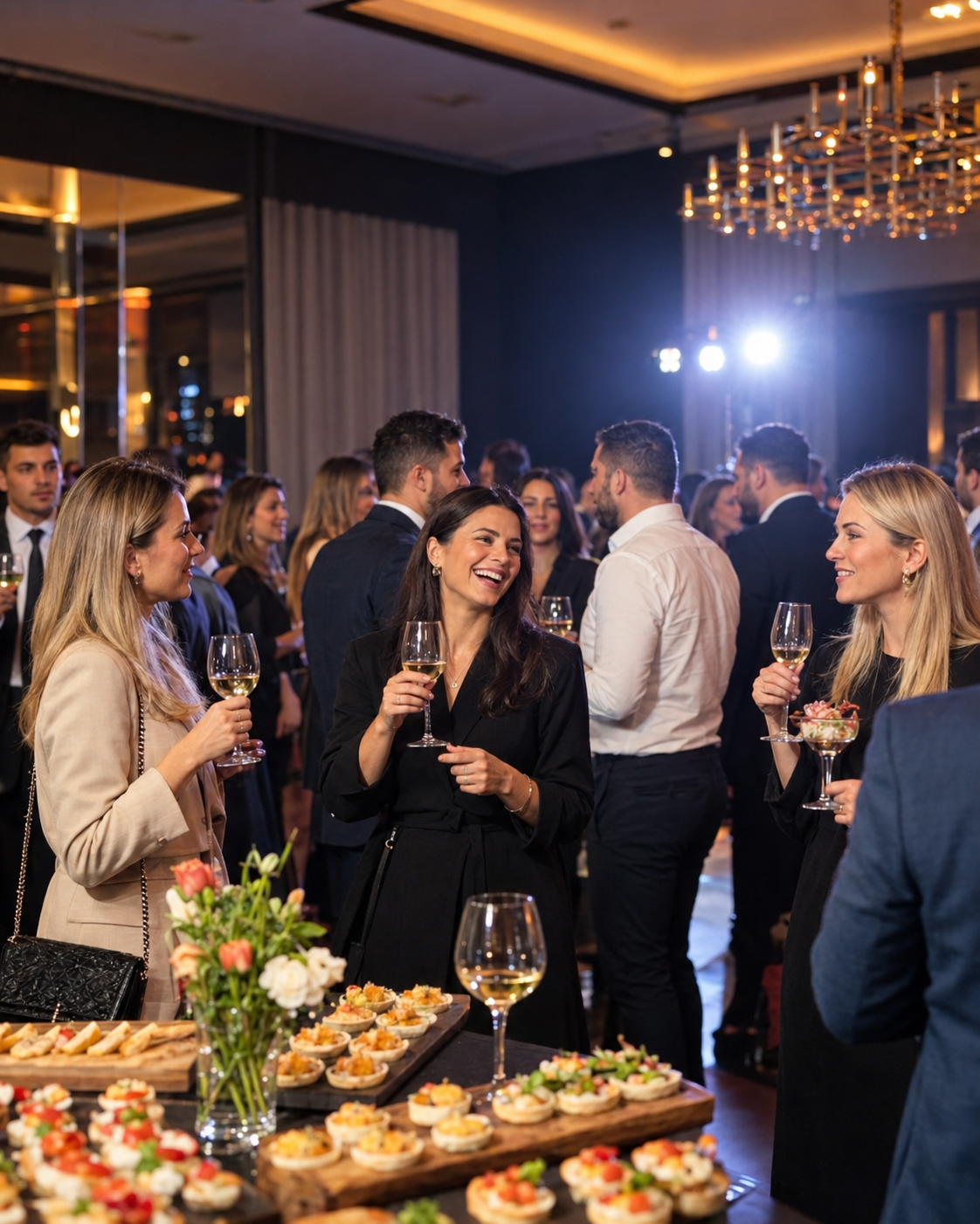 Empresários conversando e brindando em um evento de networking