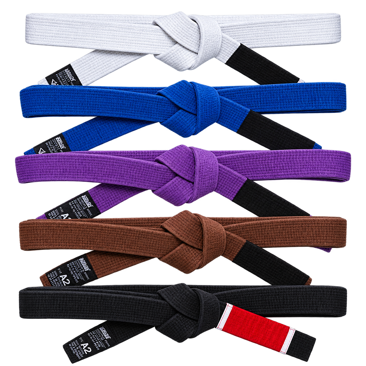 Faixas de jiu-jitsu branca, azul, roxa, marrom e preta, uma sobre a outra